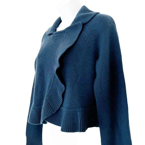 Cynthia Steffe Women 100% Cashmere Ruffle Trim Crop Cardigan Sweater Drk Teal, M - Picture 11 of 15